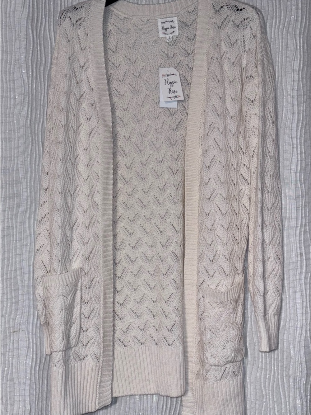Hippie Rose Open-Front Cream Knit Cardigan with Pockets